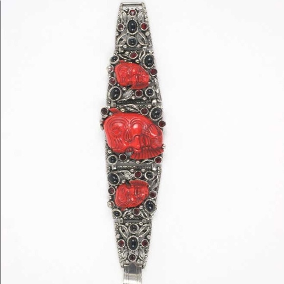 VINTAGE Selro Red Devil Bracelet Japanese Theater Okina Noh Mask Red Warrior - Picture 4 of 10